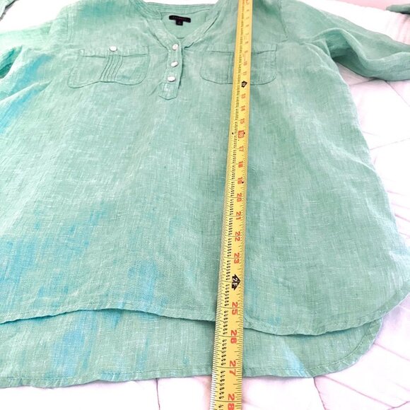 Talbots Linen Cross Dyed Tops Camp Shirt Long Roll Tab Sleeves V-Neckline - Picture 10 of 10